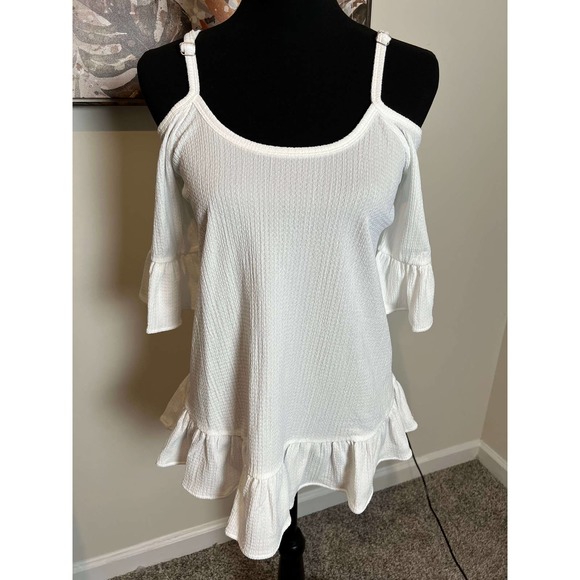 Michael Kors Boho Cold Shoulder Textured Ruffle Top Small - Picture 1 of 8